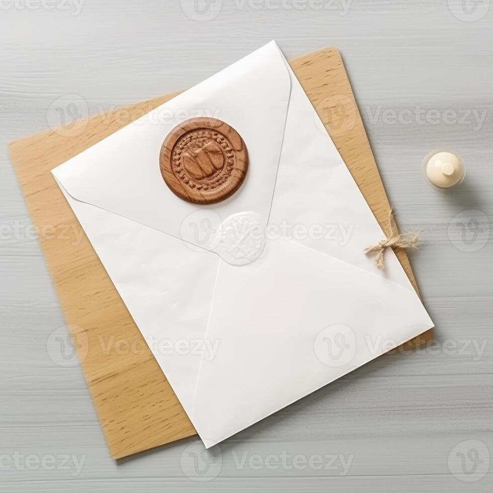 Overhead view of Old White and Brown Letter Paper and Envelope with Wax Seal, Stamp Flat Lay. Generative. photo