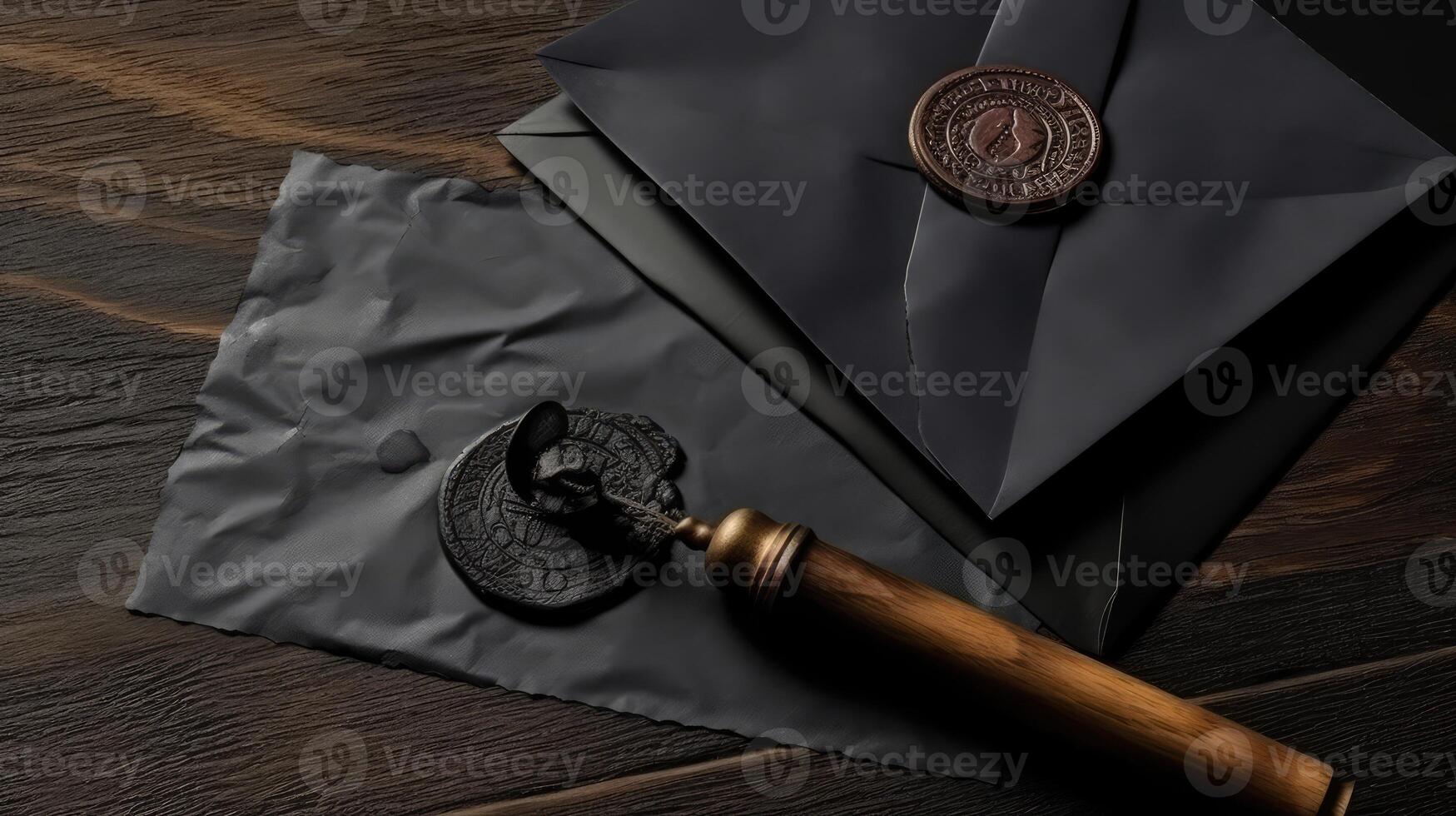 Closeup View of Black Old Letter Envelopes with Wax Seal and Stamp on Wooden Table Top. Gnerative AI. photo
