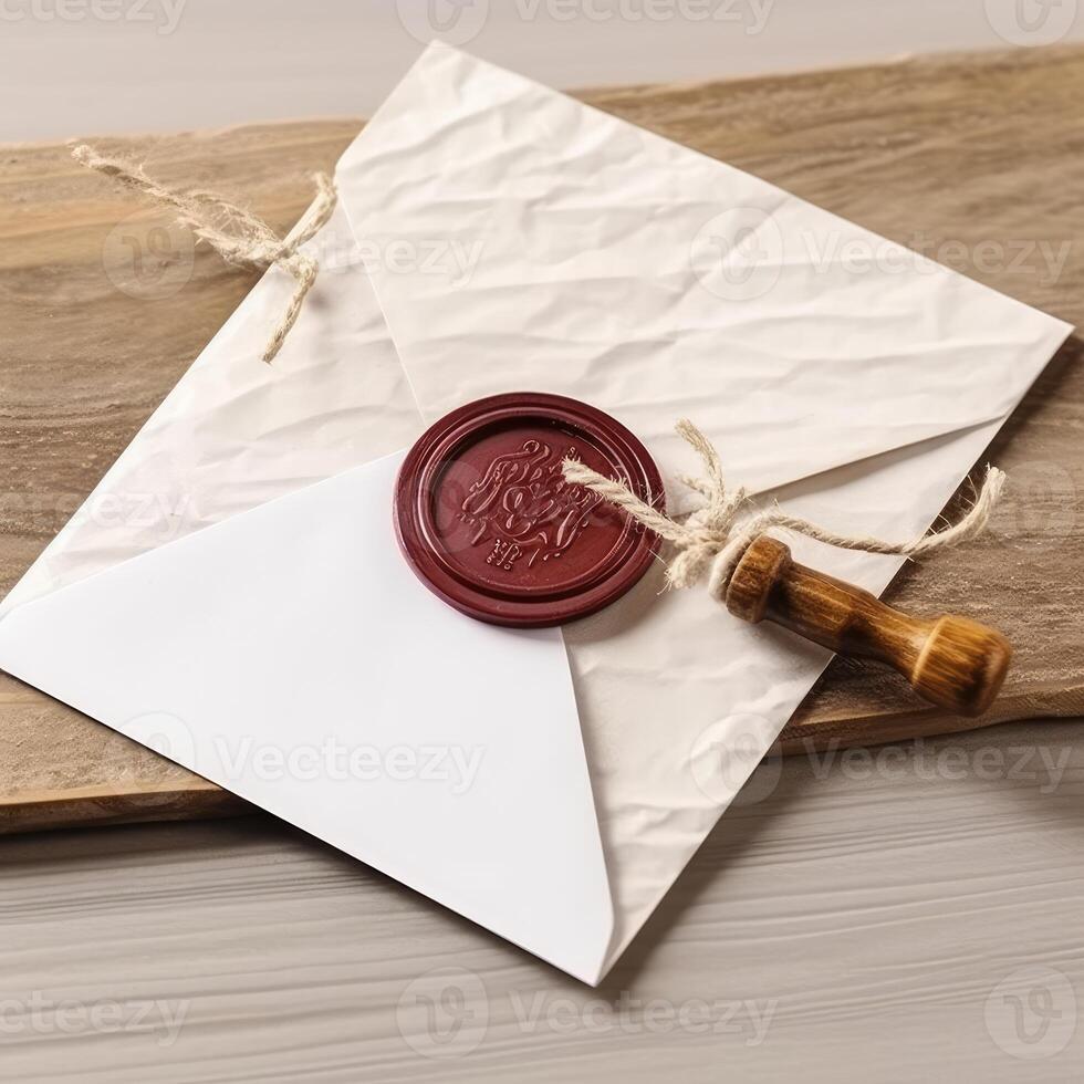gastos generales ver de rojo cera sellado blanco antiguo letra sobre con sello en de madera mesa. generativo ai. foto
