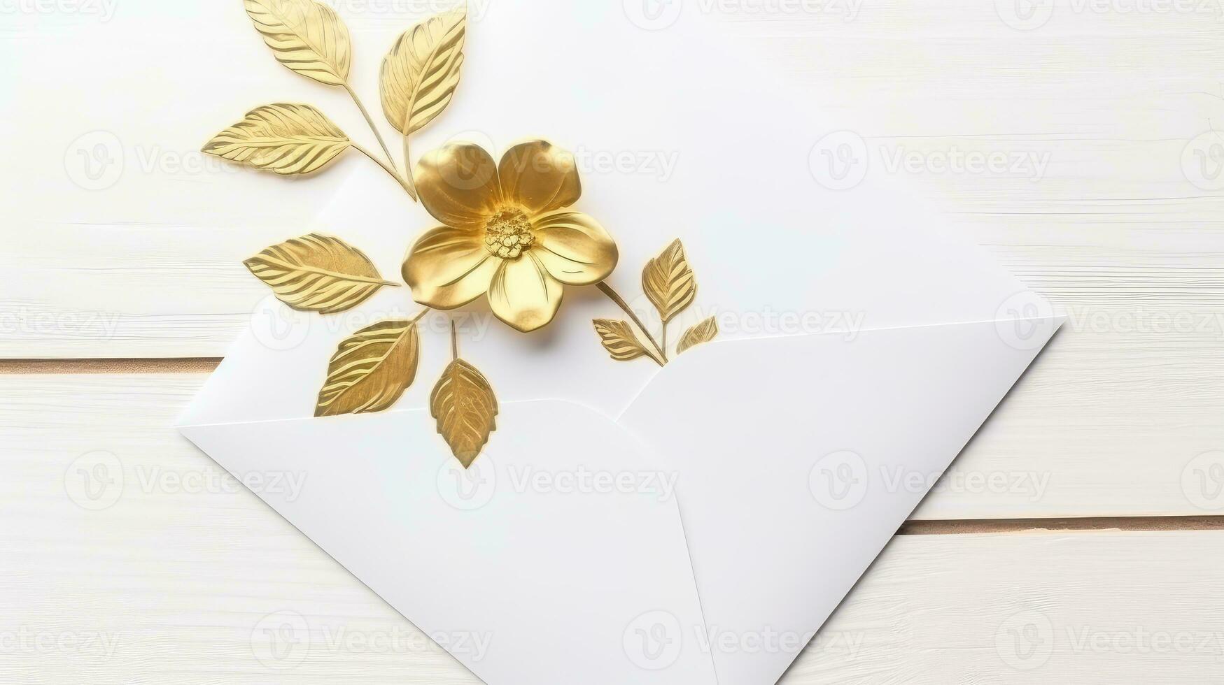 Overhead View of Golden Flower and Leaves Embossed Wedding or Event Card Envelope and Space for Message. Generative AI. photo
