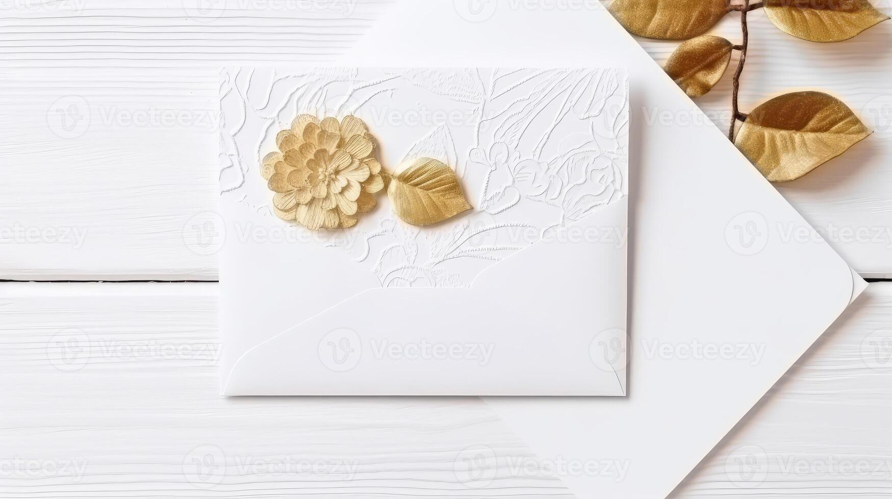 Closeup View of White Embossed Greeting or Weeding Card with Golden Flower and Leaves on Wooden Background. . photo