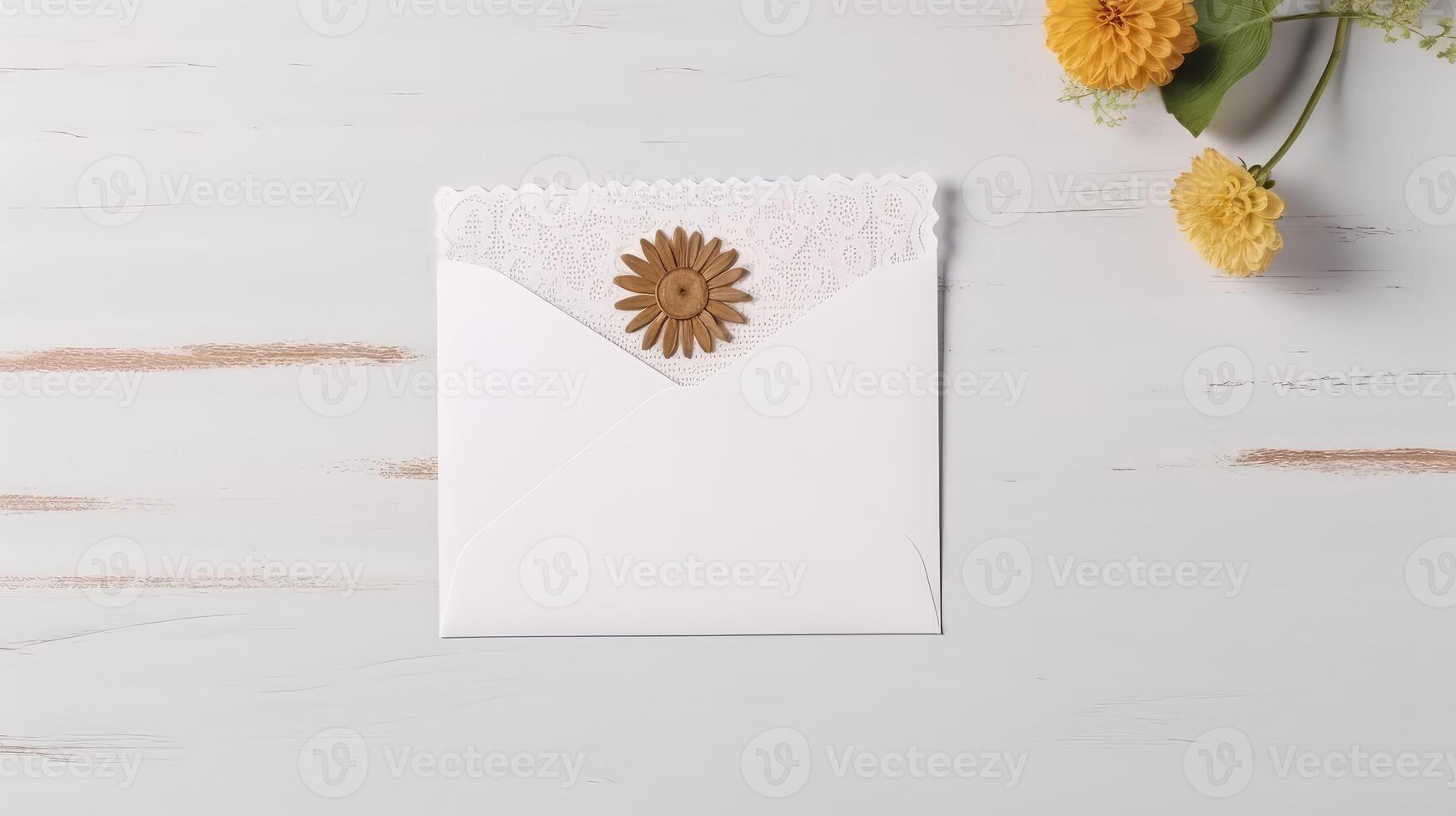 Overhead View of Embossed Greeting Card with Yellow Mums Flower on White Texture Background. Spring or Wedding, Event Celebration Concept. . photo