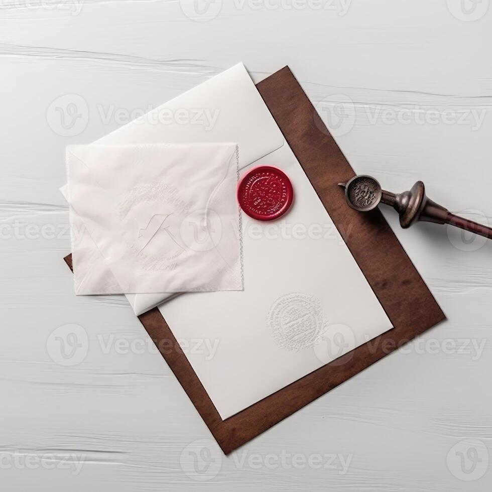 Overhead view of Old White and Brown Letter Paper and Envelope with Wax Seal, Stamp Flat Lay. Generative. photo