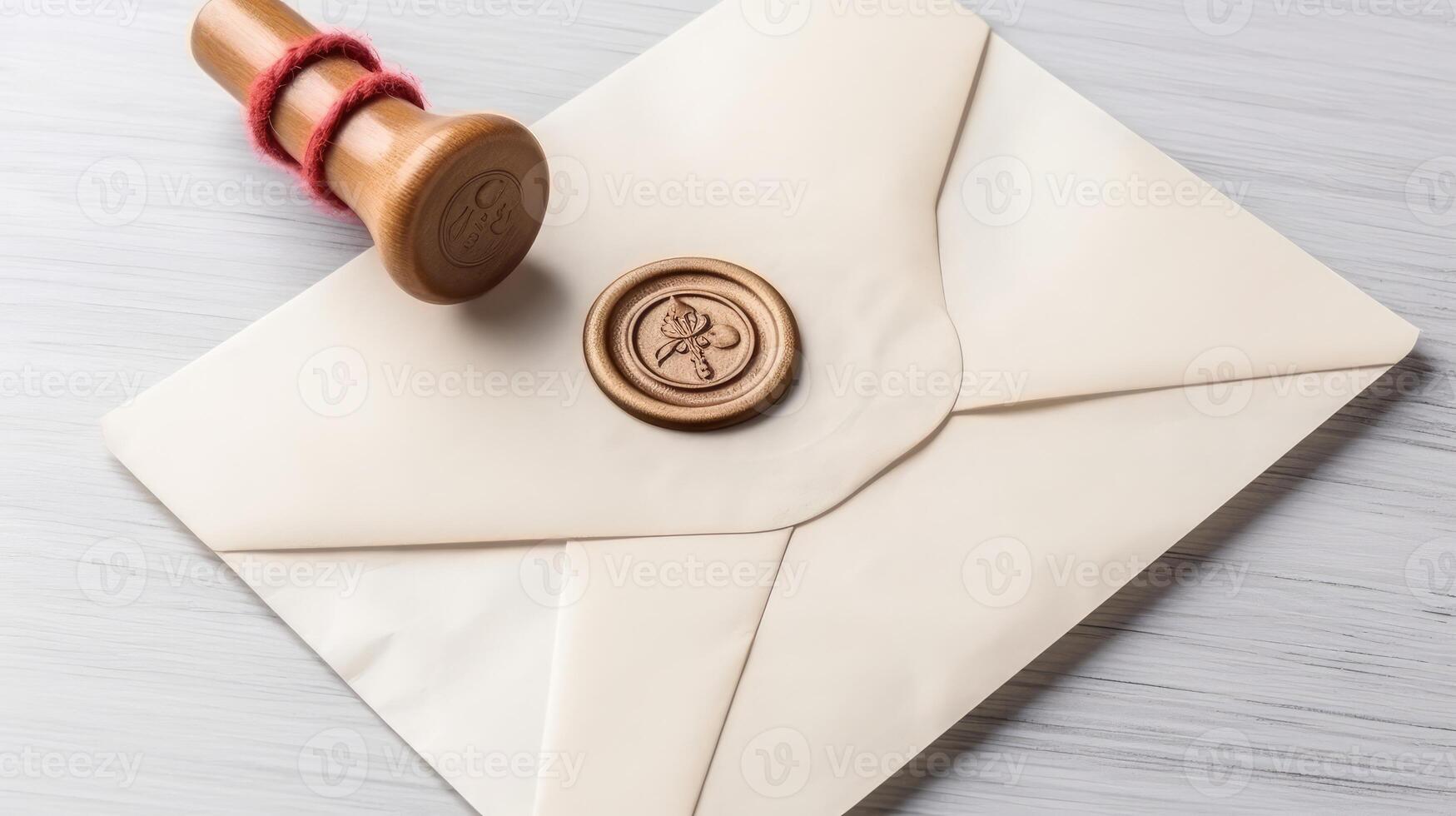 Overhead view of Old Beige Letter Envelope with Wax Seal, Stamp Flat Lay. Generative. photo