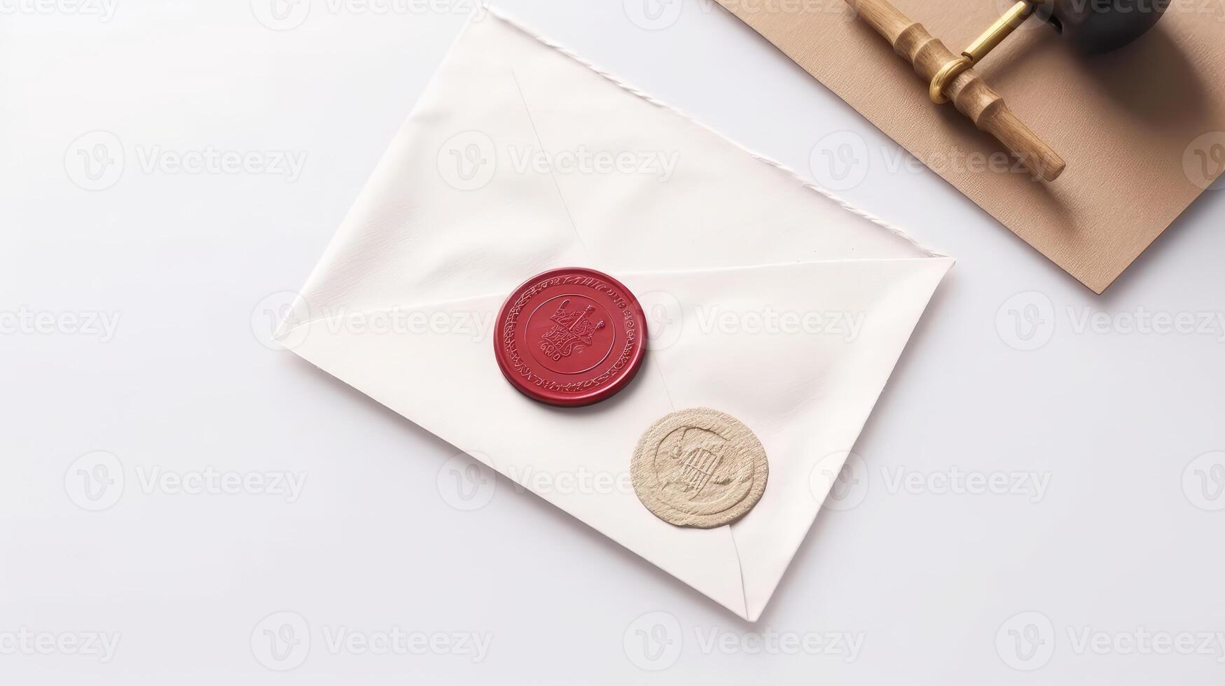 Overhead view of Old White and Brown Letter Paper and Envelope with Wax Seal, Stamp Flat Lay. Generative. photo