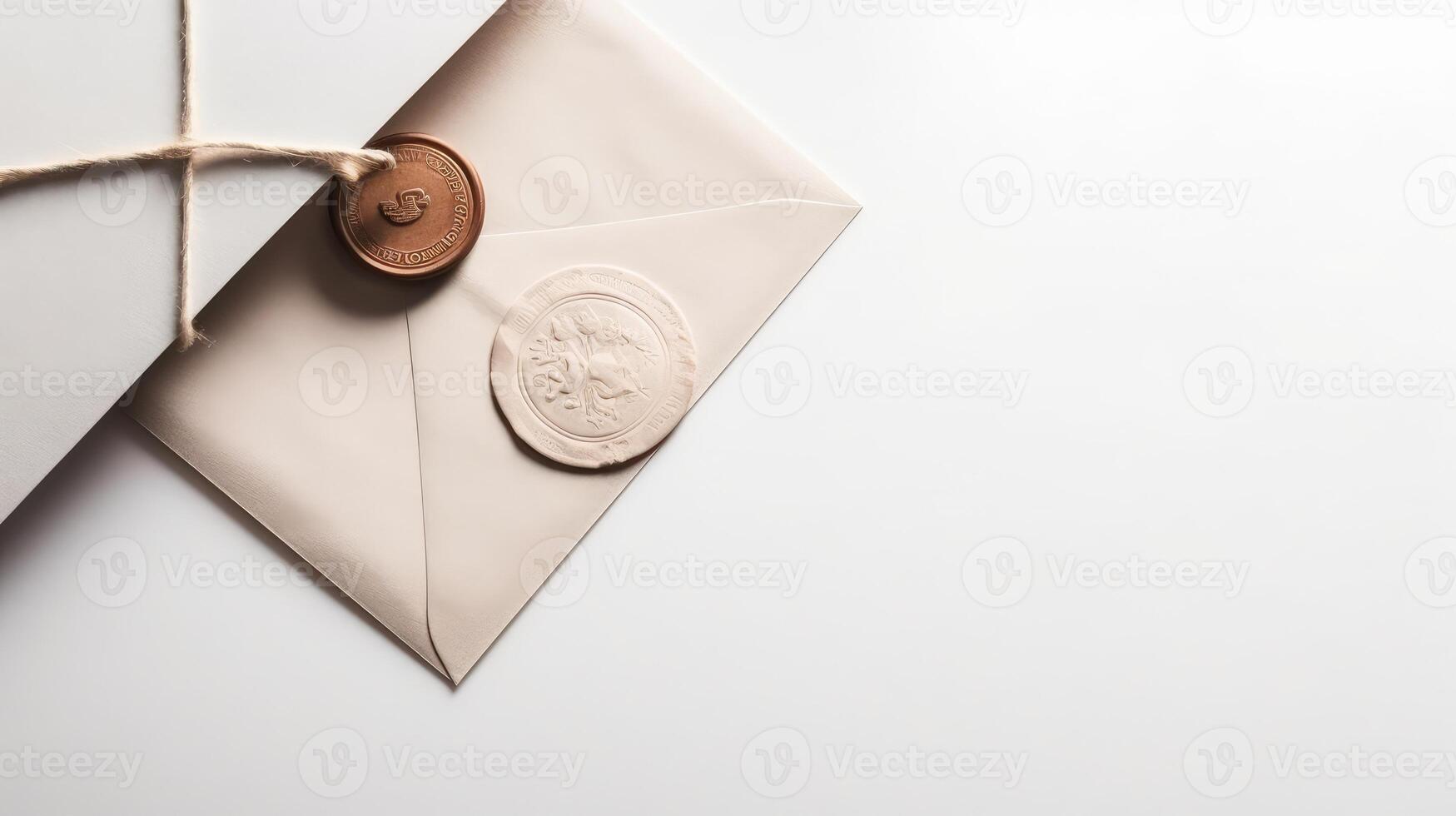 Top View of Wax Sealed Beige Old Letter Envelope with Burlap Thread Flat Lay. Copy Space for Message. . photo