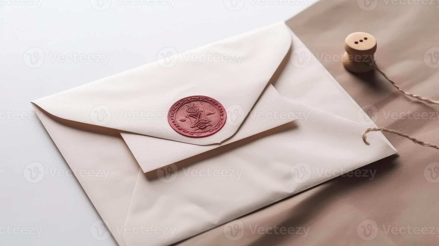 Overhead view of Old White and Brown Letter Paper and Envelope with Wax Seal, Stamp Flat Lay. Generative. photo