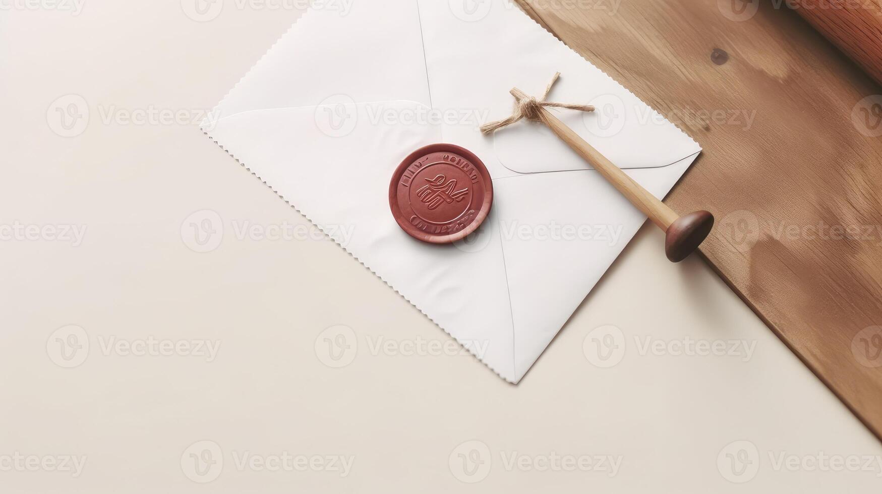 Overhead View of Red Wax Sealed White Old Letter Envelope with Stamp on Brown Wooden Desk. . photo