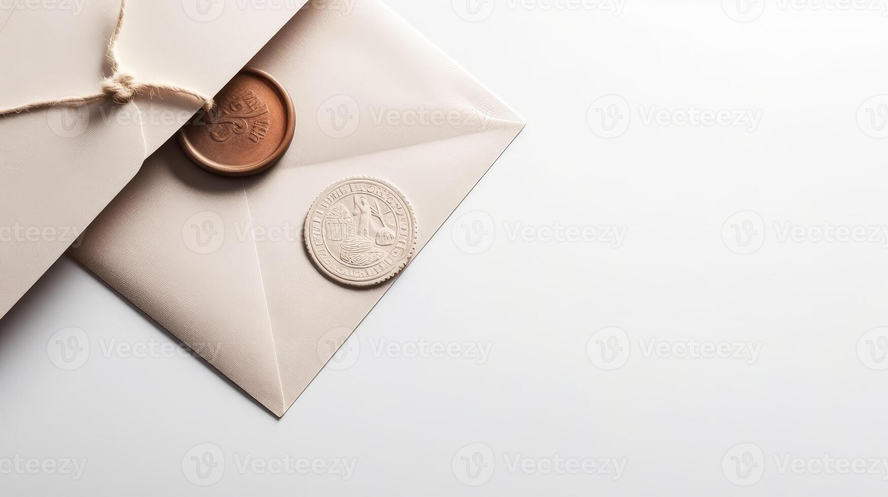 Top View of Wax Sealed Beige Old Letter Envelope with Burlap Thread Flat Lay. Copy Space for Message. . photo