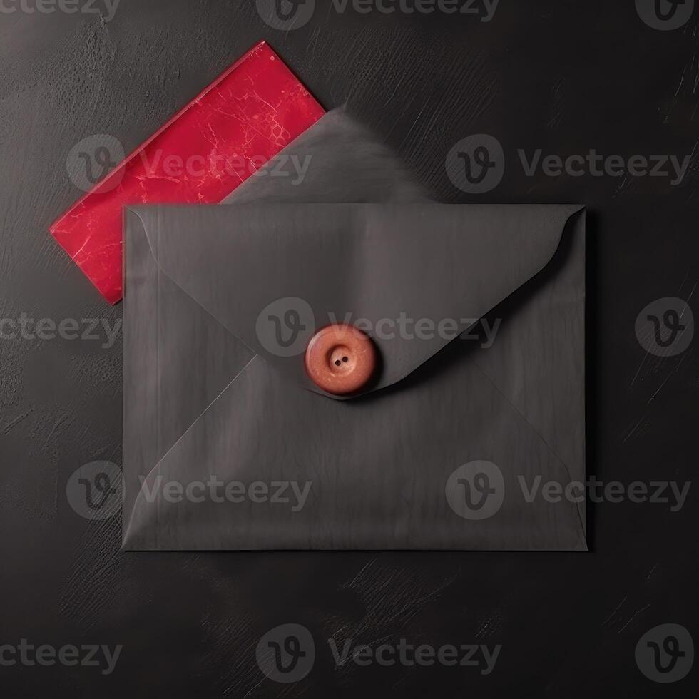 Top View of Brown Button Seal Envelopes Flat Lay on Black Wooden Background. . photo