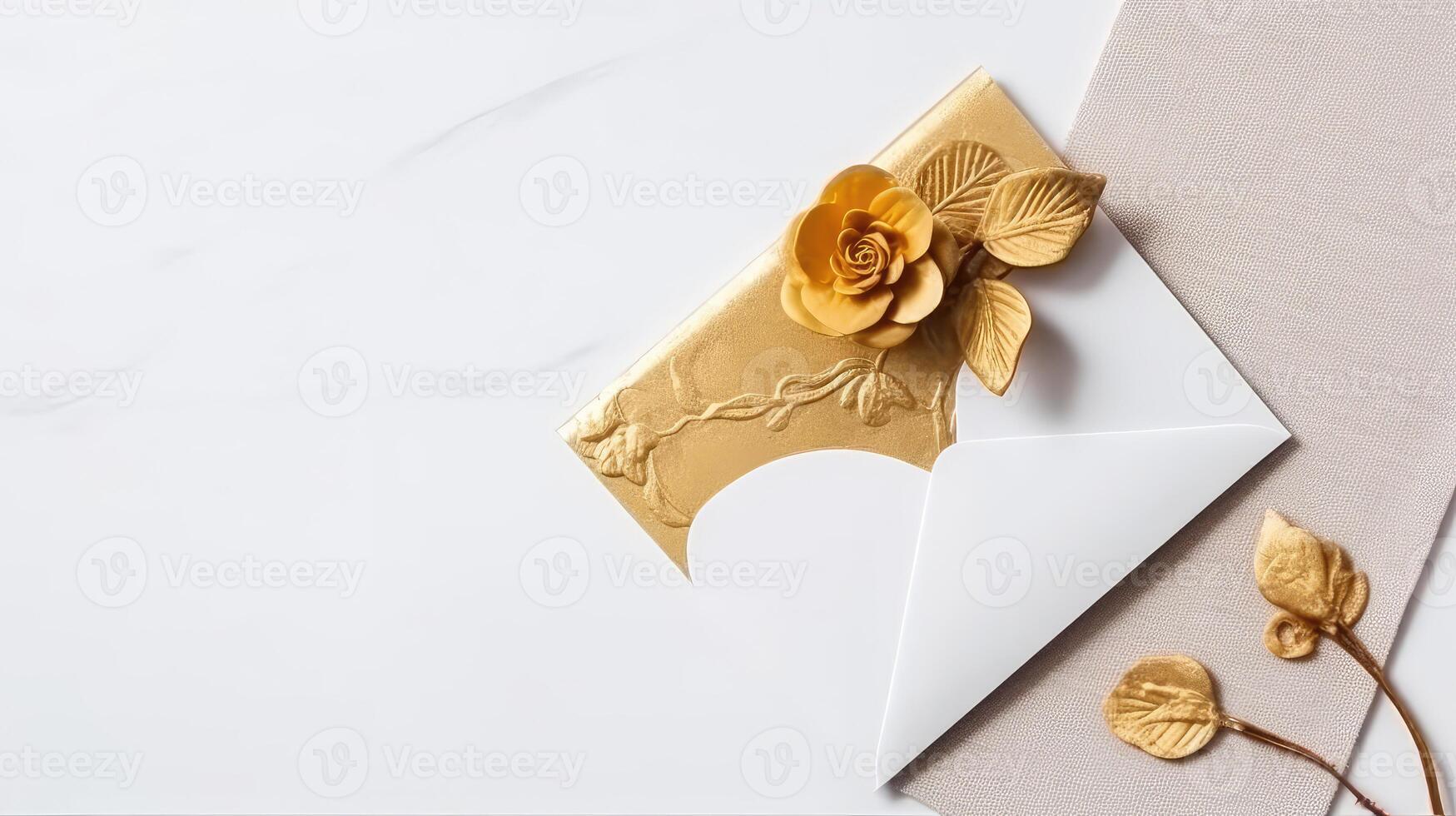 Overhead View of Golden Flower and Leaves Embossed Wedding or Event Card Envelope and Space for Message. . photo