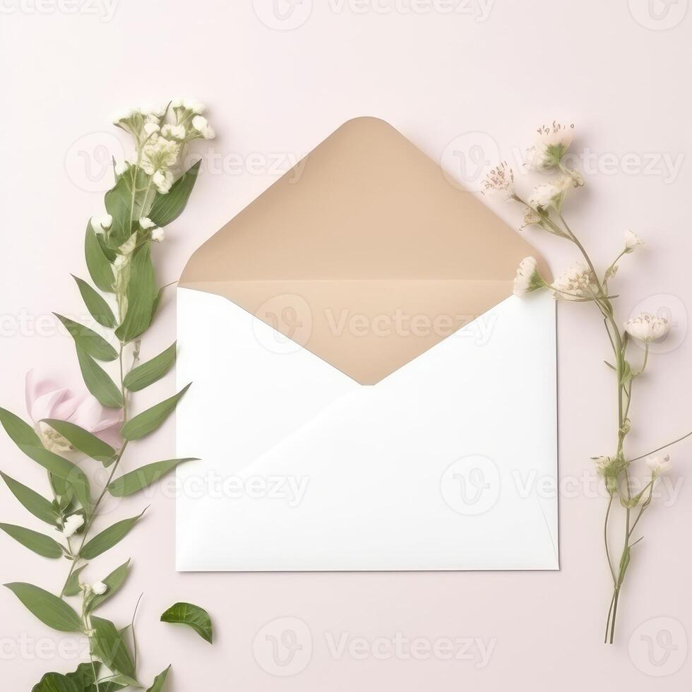 elegancia saludo tarjeta sobre con Gypsophila flor para evento o Boda concepto. generativo ai. foto