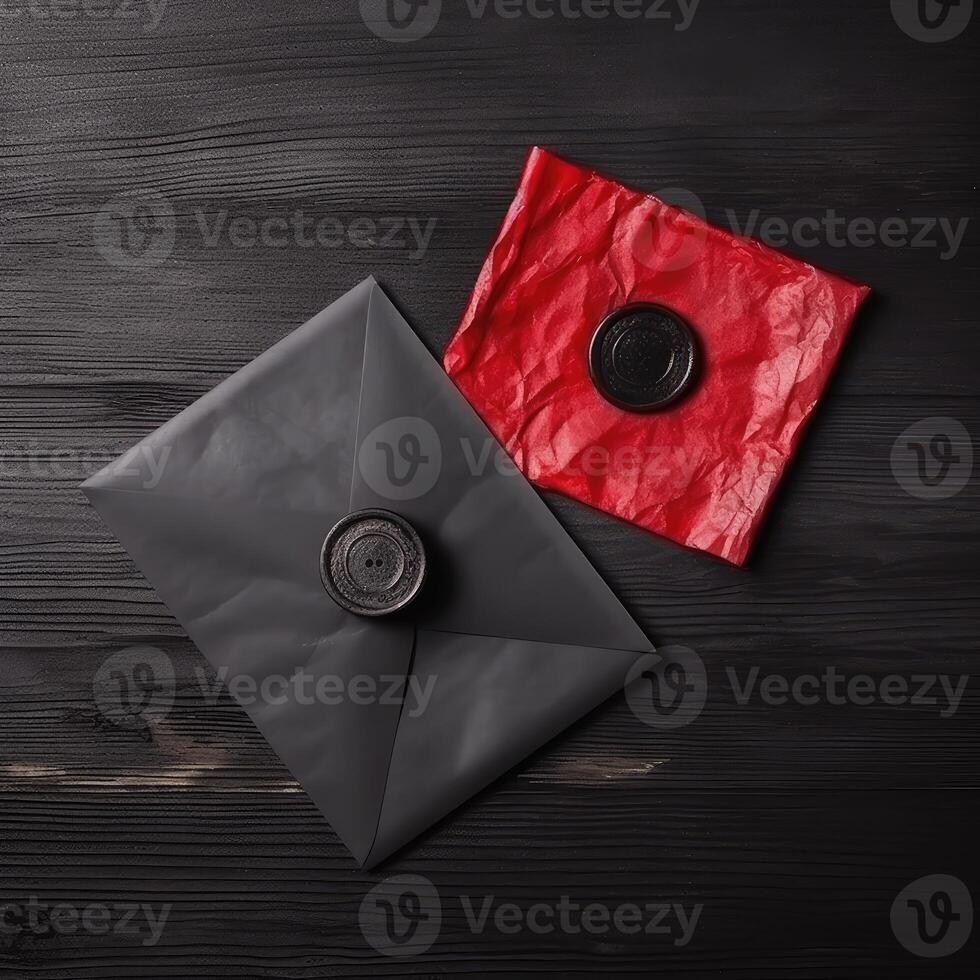 Overhead view of Wax Sealed Old Black and Red Letter Envelopes on Wooden Texture Background. . photo