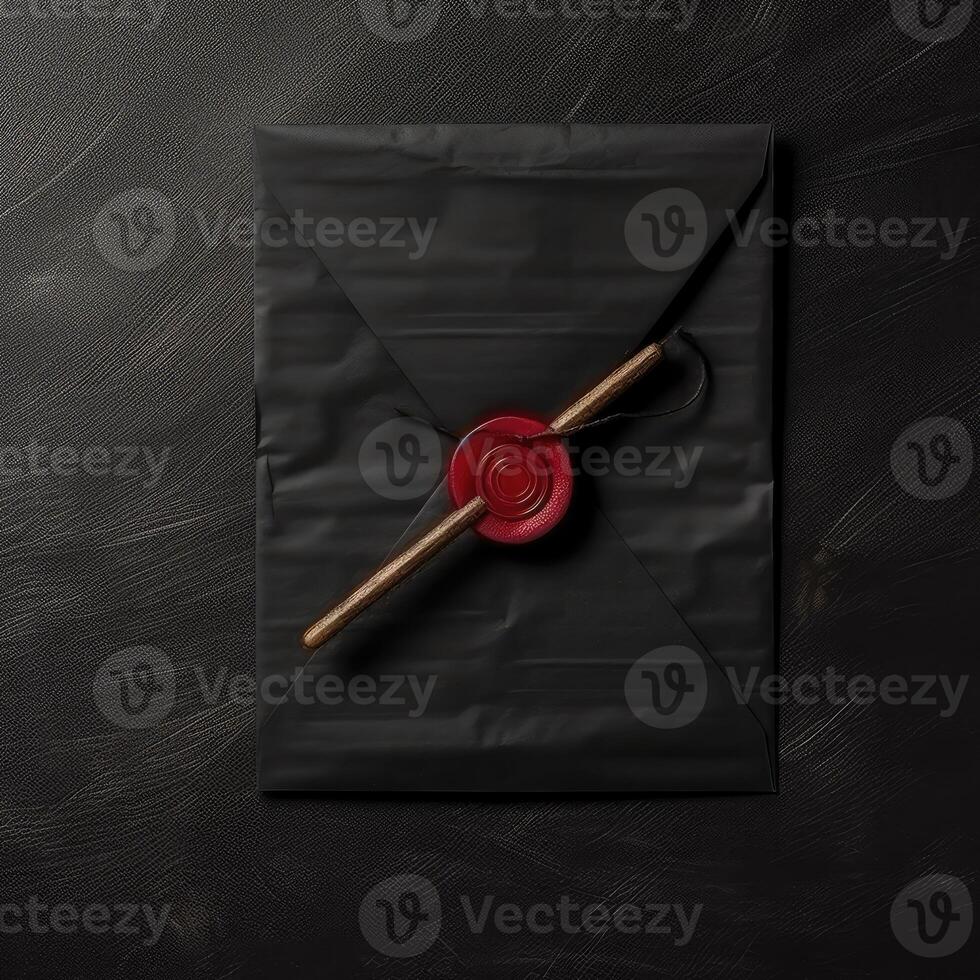 Flat Lay Black Old Letter Envelopes with Red Wax Seal and Stamp on Table Top. . photo