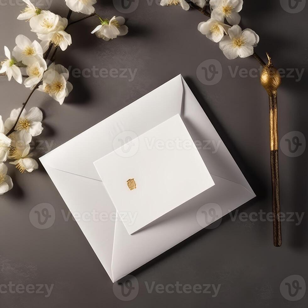 Top View of Blank Invitation Card Envelope with Blossom Cherry Flower Branch on Brown Background. . photo