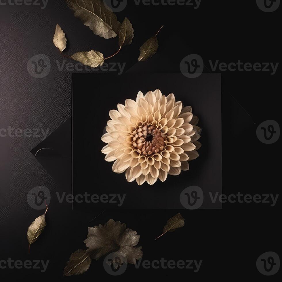 Top View of Luxury Party or Wedding Invitation Card Decorated with Beige Mums Flower and Golden Leaves on Black Background. . photo