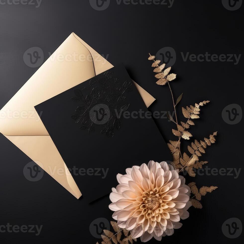 Top View of Luxury Party or Wedding Invitation Card Decorated with Beige Mums Flower and Golden Leaves on Black Background. Generative AI. photo