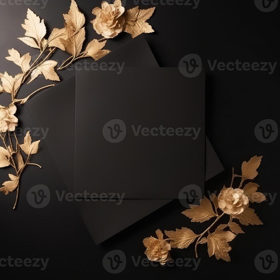 Autumnal Composition Border of Golden leaves Decorated Black Background and Space at Center. Luxury Party or Wedding Invitation Card Design. . photo