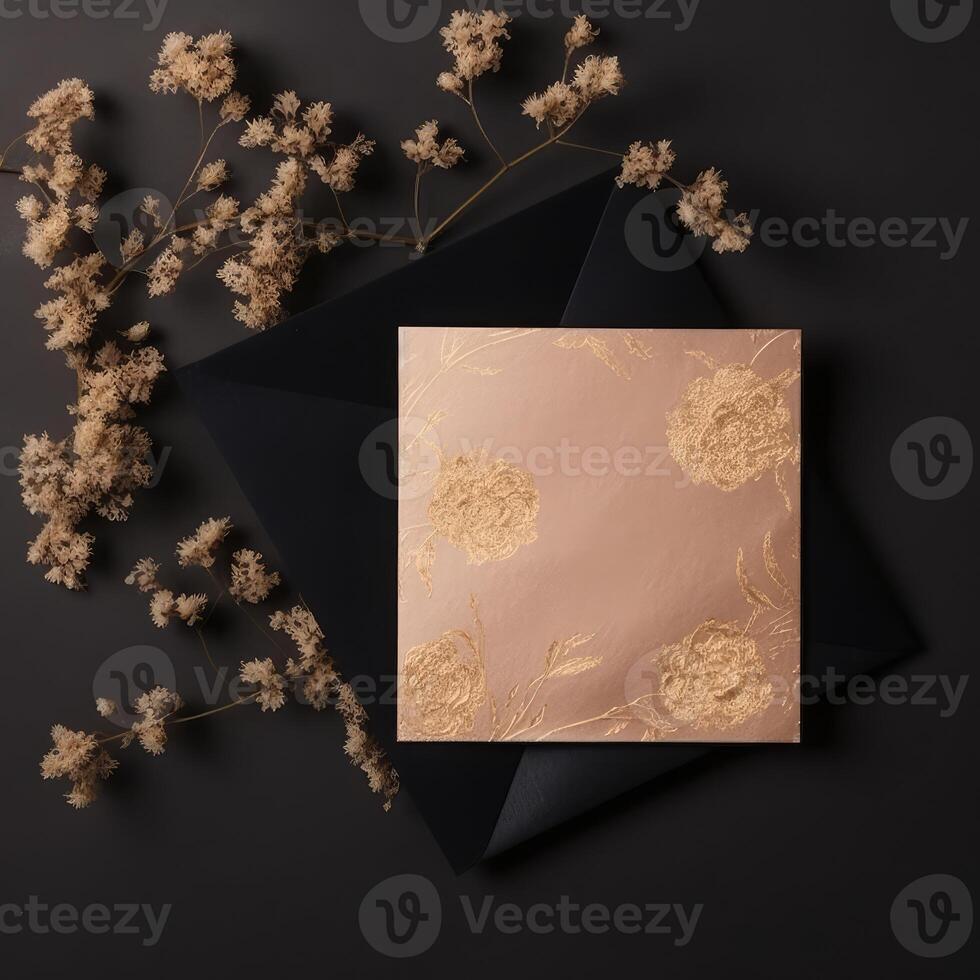 Top View of Luxury Party or Wedding Invitation Card with Dry Grass Flower on Black Background . Generative AI. photo