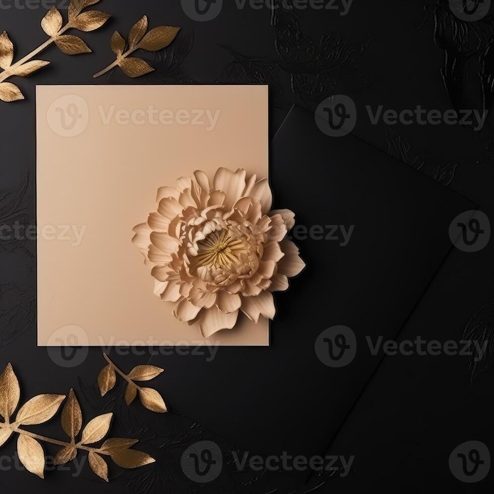 Luxury Party or Wedding Invitation Card Decorated with Golden Mums Flower and Leaves on Black Background. . photo