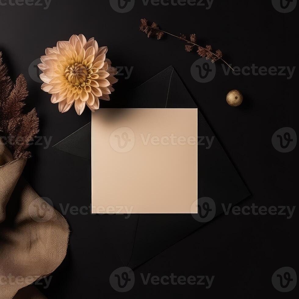 Top View of Luxury Wedding Blank Invitation Card with Beige Mums Flower and Golden Fabric on Black Background . Generative AI. photo