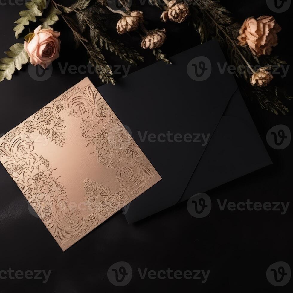 Luxury Party or Wedding Invitation Card with Golden Flower on Black Background and Copy Space. . photo