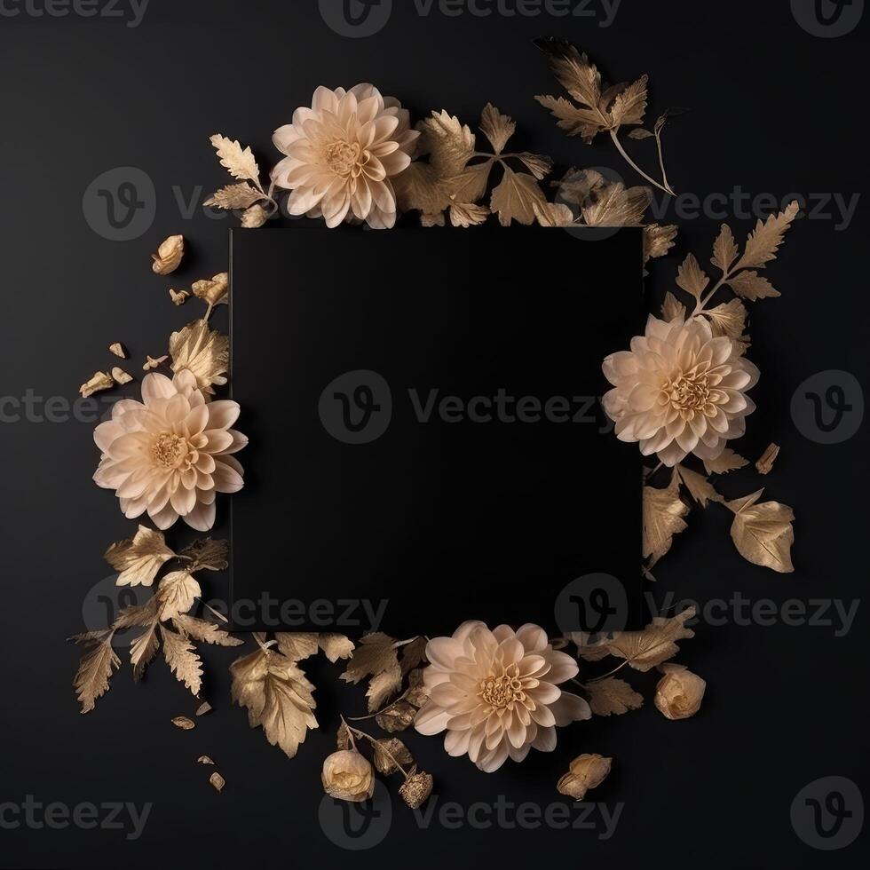 Autumnal Composition Border of Golden Musm Flower and leaves Decorated Black Background. Luxury Party or Wedding Invitation Card Design. . photo