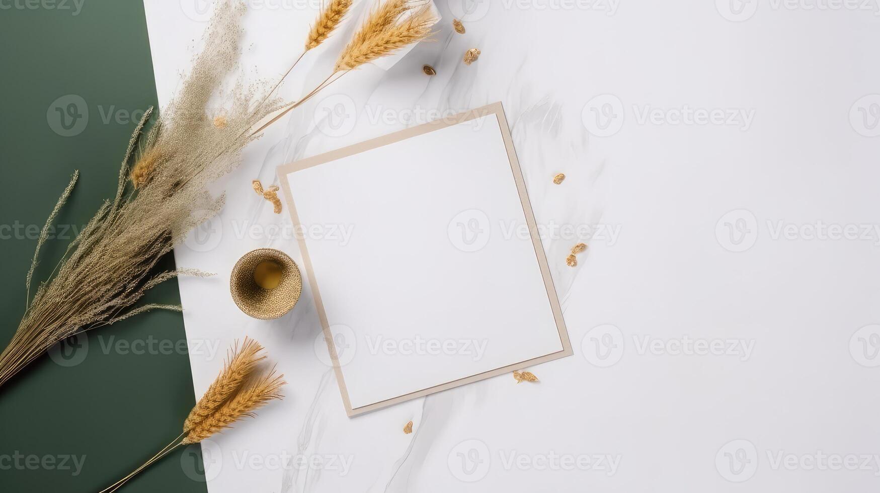 Top View of Blank White Paper or Frame with Wheats, Dried Grass Flower and Golden Pot on Green and White Marble Backgorund. Vintage Delicate Mock up Banner for Design or Product Placement Created . photo