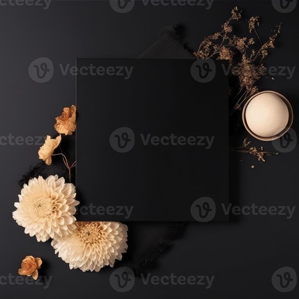 Top View, Autumnal Decoration of Golden Mums Flower and leaves Decorated Black Background. Luxury Party or Wedding Invitation Card Design. . photo