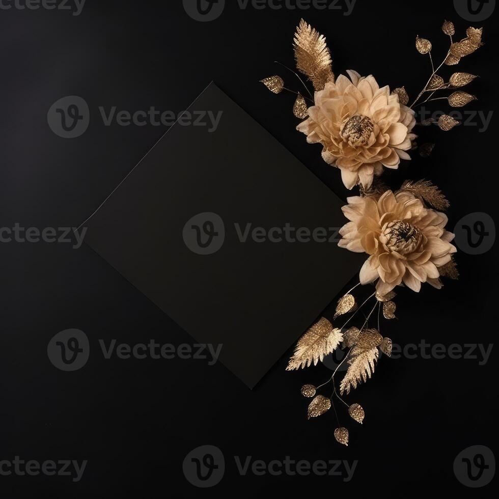 Autumnal Composition Border of Golden Mums Flower and leaves Decorated Black Background. Party or Wedding Invitation Card Design. . photo
