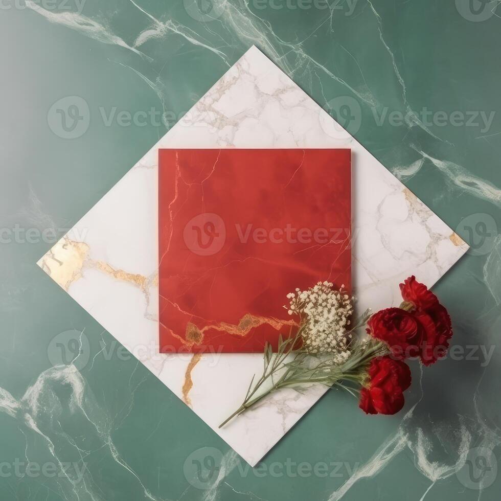 Top View of Red and White Blank Invitation Card with Flower Bouquet on Green Marble Background. . photo