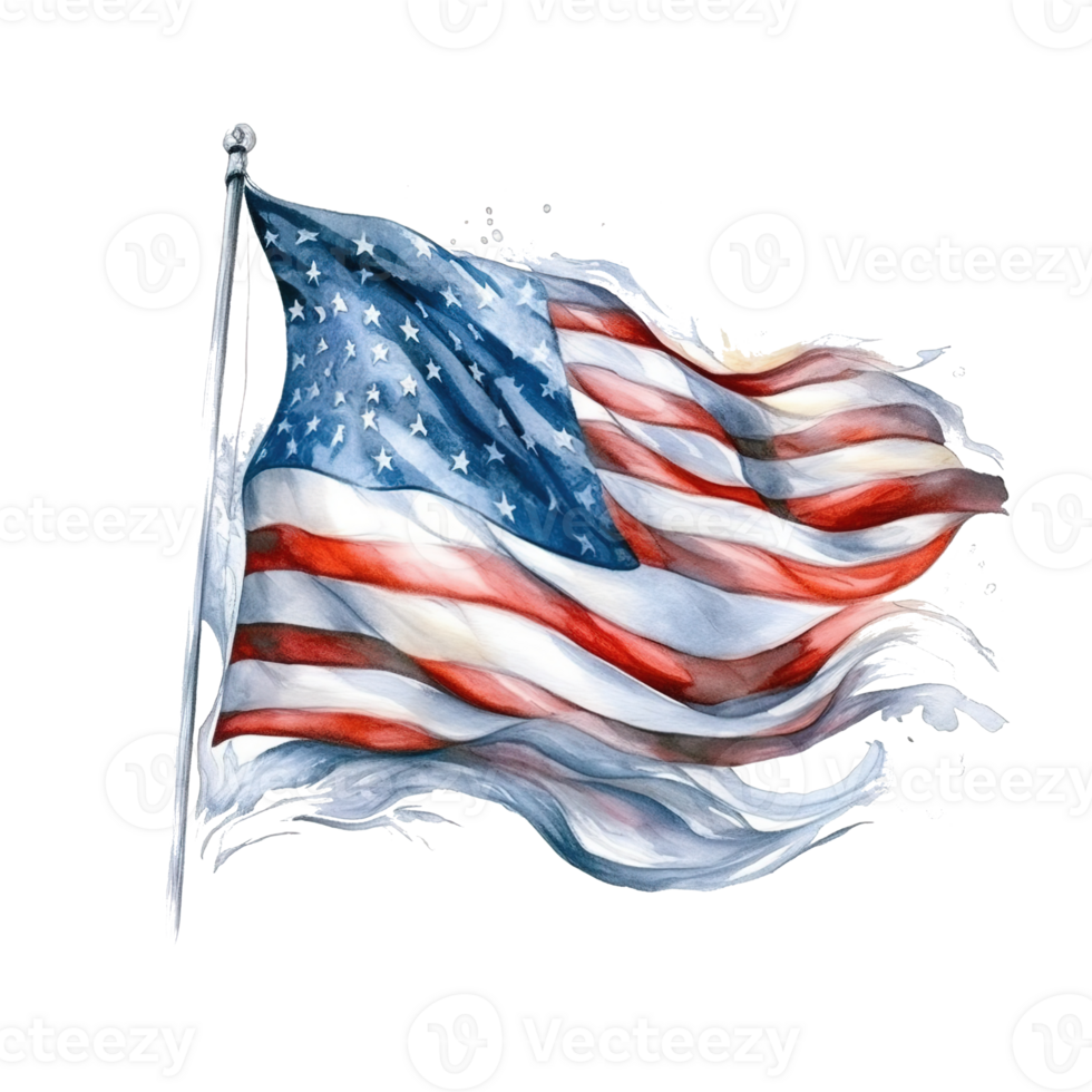 Happy 4th of July USA Independence Day American national flag watercolor painting and bunting, png