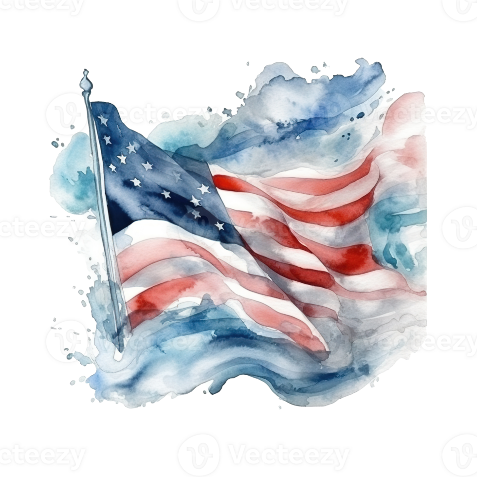 Happy 4th of July USA Independence Day American national flag watercolor painting and bunting, png