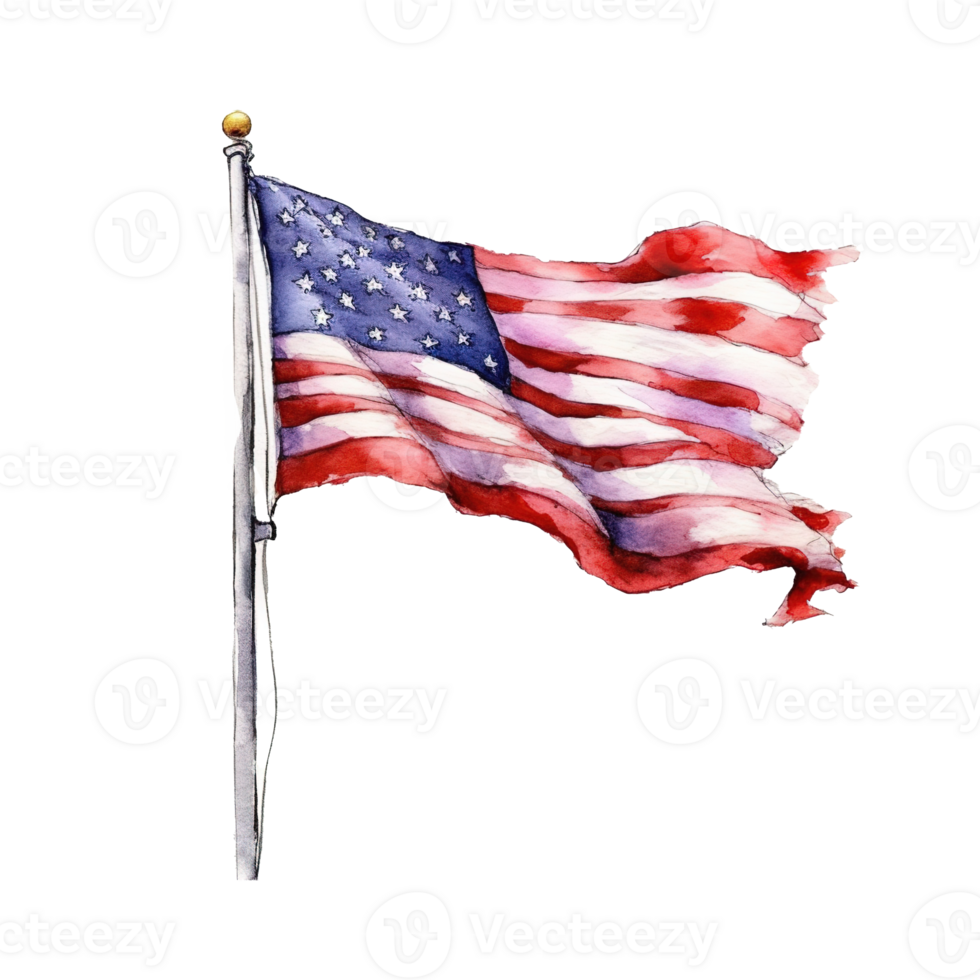 Happy 4th of July USA Independence Day American national flag watercolor painting and bunting, png