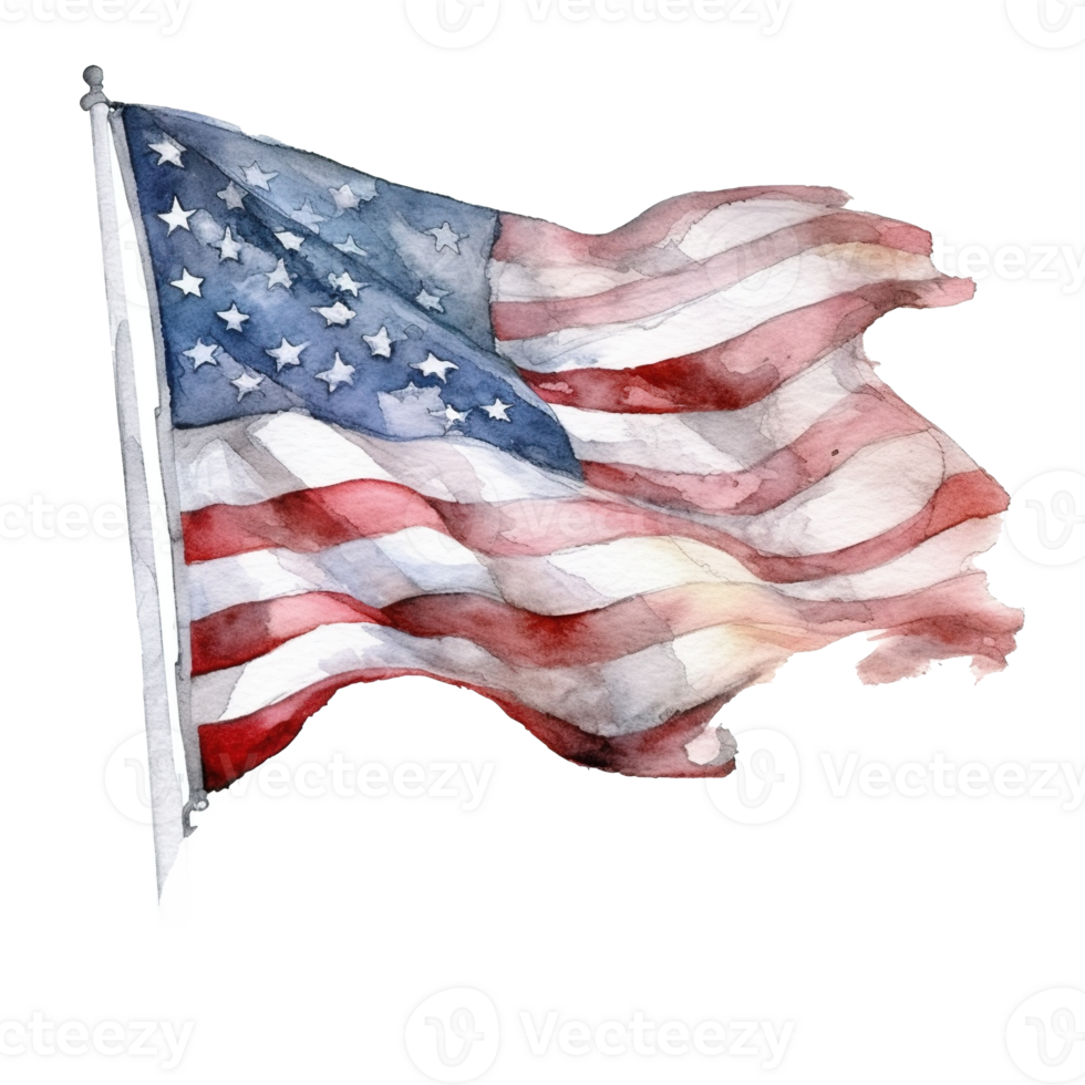 Happy 4th of July USA Independence Day American national flag watercolor painting and bunting, png