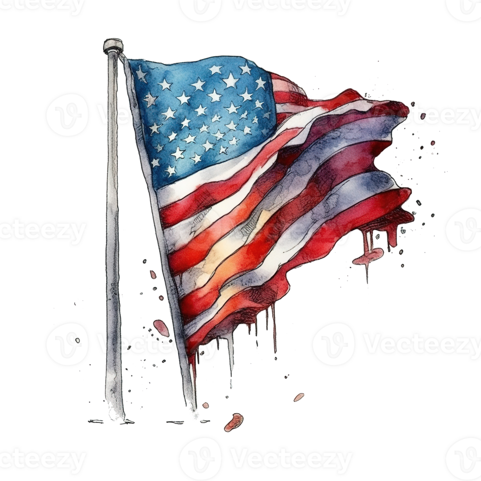 Happy 4th of July USA Independence Day American national flag watercolor painting and bunting, png
