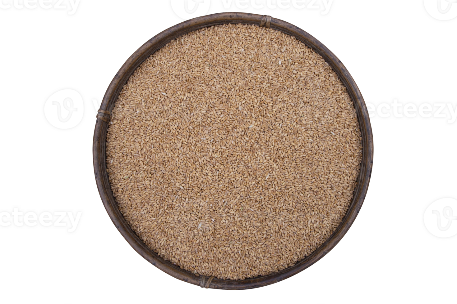 wheat grains seeds in rattan palm bowl Top view on isolated  background png