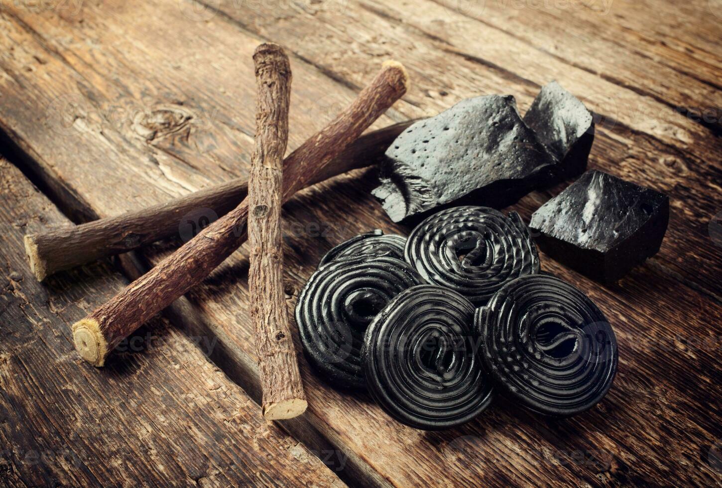 Production steps of licorice, roots, pure blocks and candy. photo