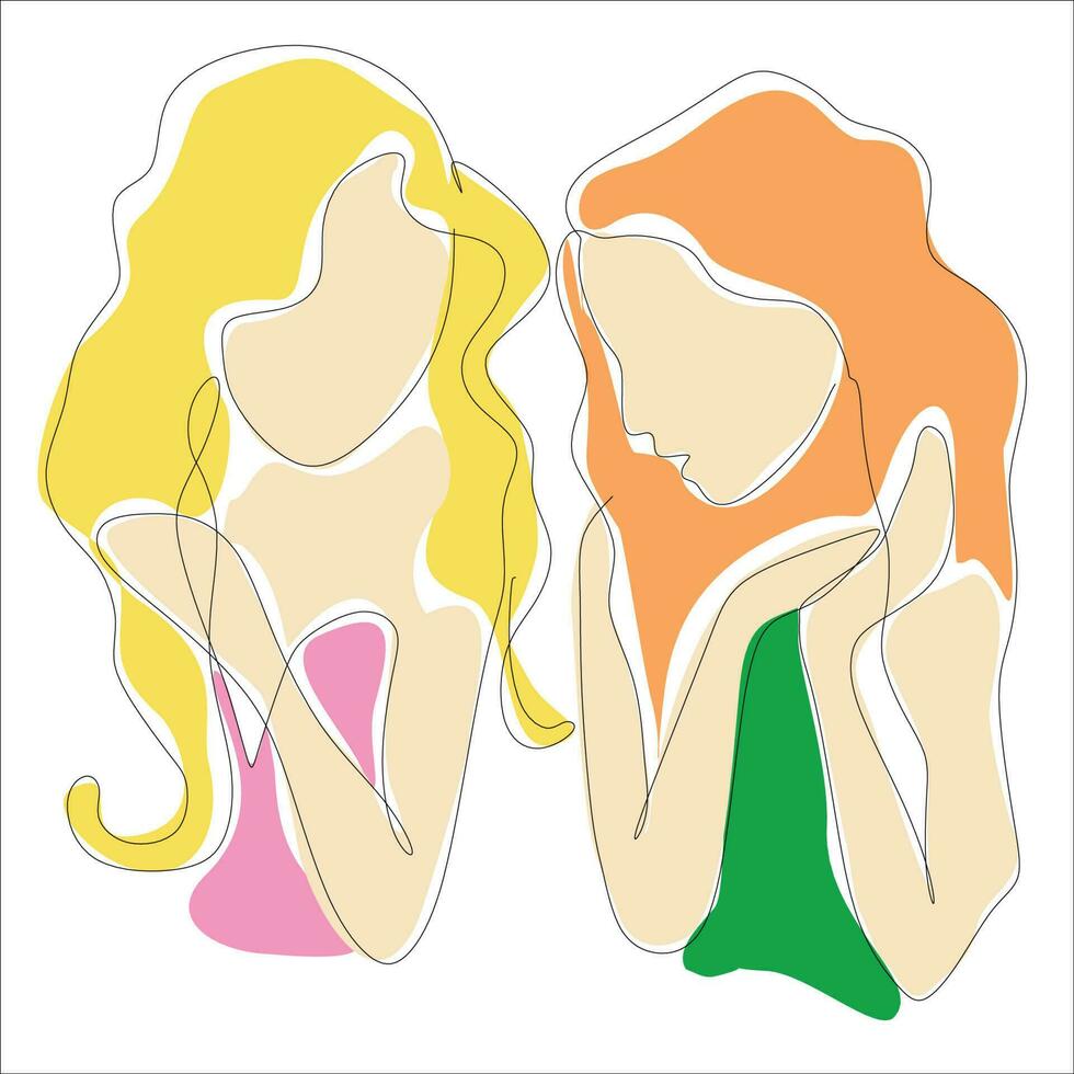 Two girls talking, lineart vector illustration