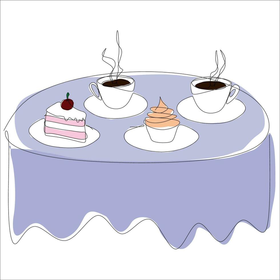 Coffee table at restaurant, vector line art illustration