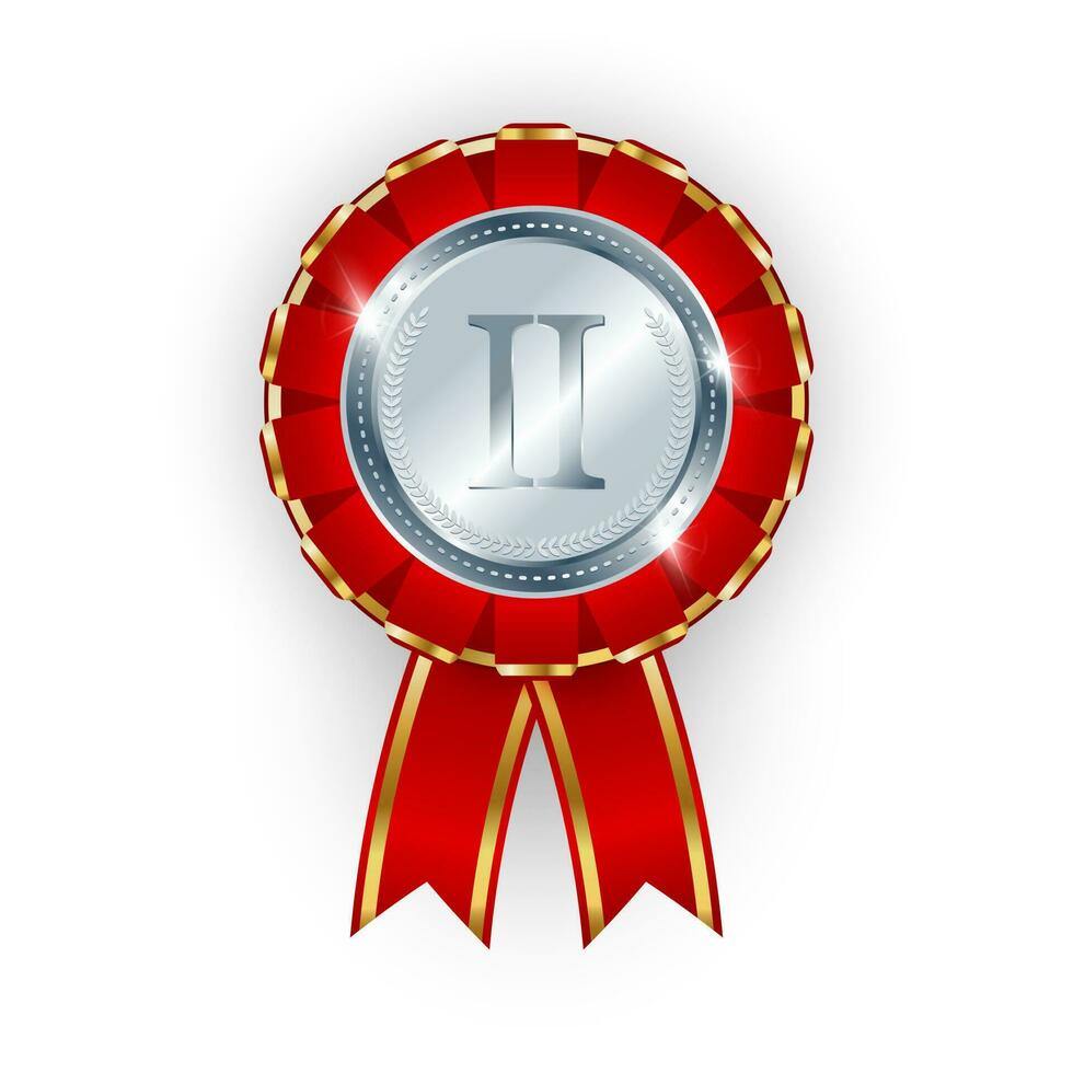 A silver medal with ribbon, a distinction badge or award for the victorious. Vector illustration.