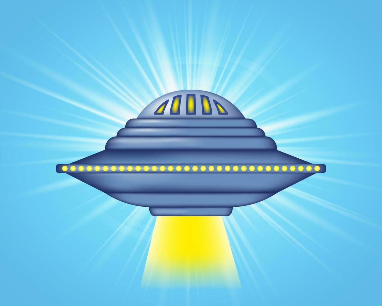 Spaceship alien UFO on a blue background of bright rays of light. Flying saucer with yellow lights in retro style. UFO vintage poster. Vector illustration.