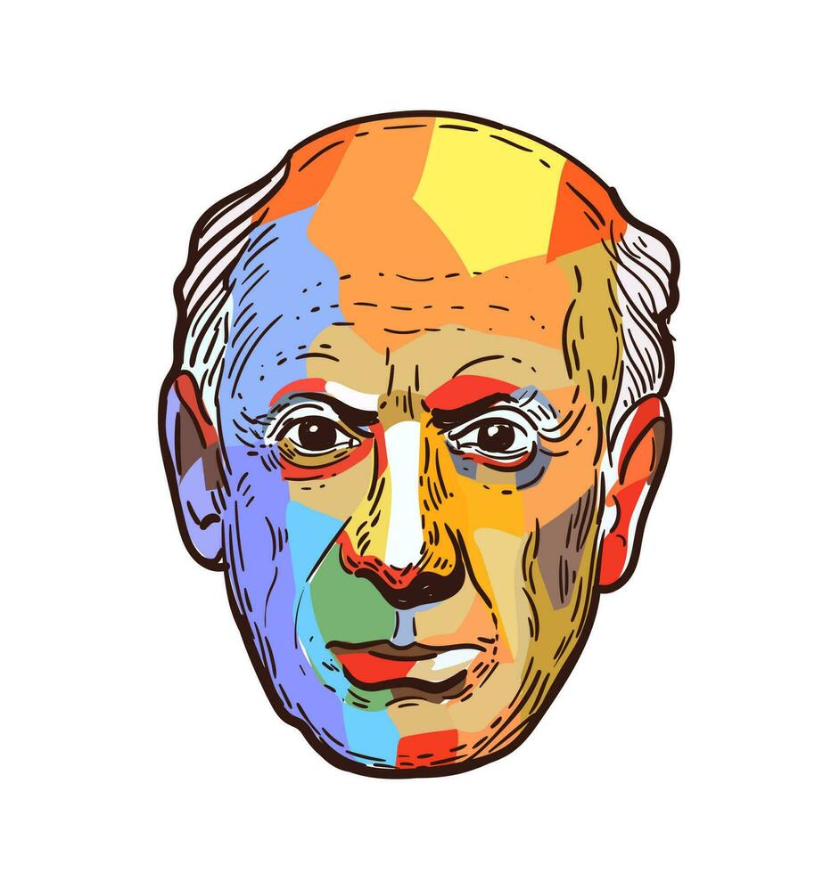 Vector portrait of the artist Pablo Picasso. Head in color spots. Vector illustration