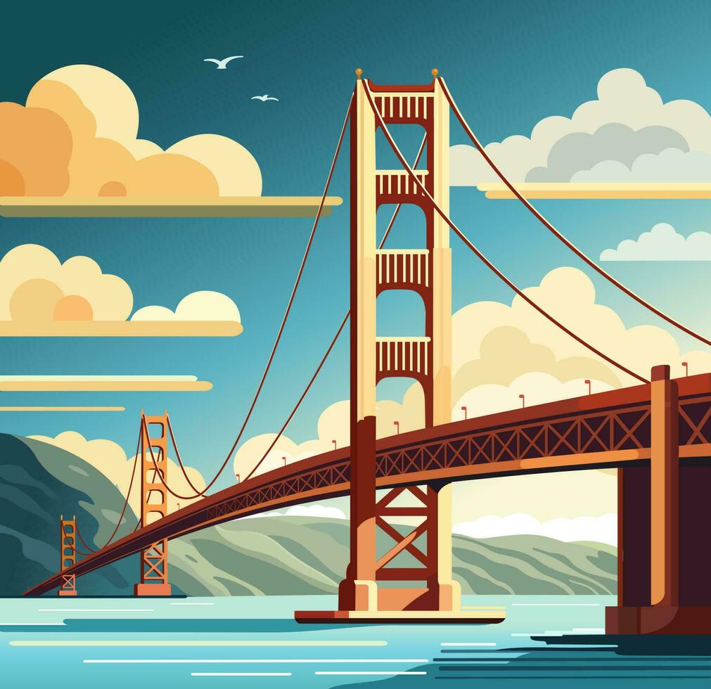 Bridge Golden Gate across the strait. San Francisco. Vector flat ...