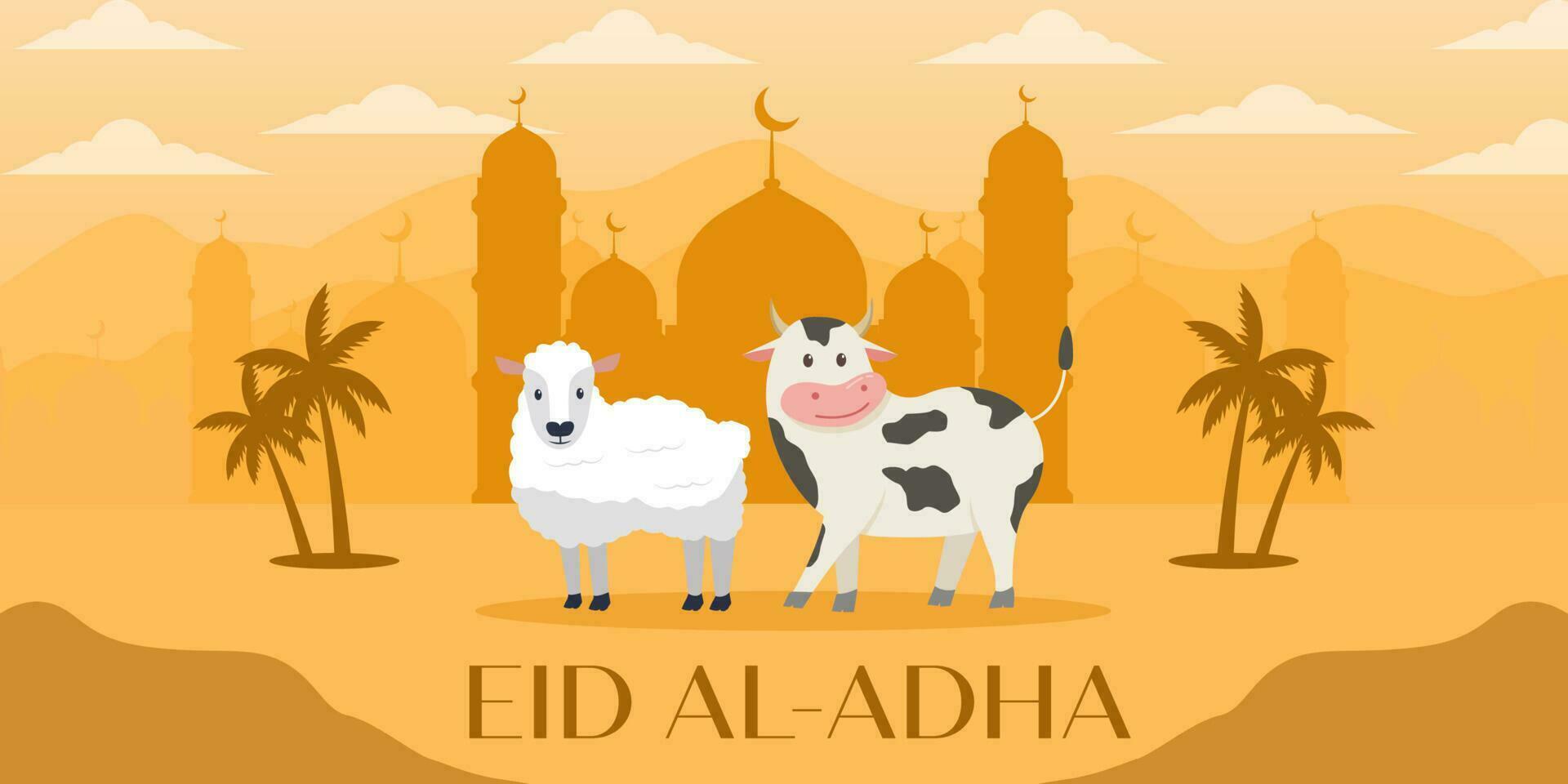 eid al adha mubarak banner illustration with sheep and cow on silhouette mosque background vector