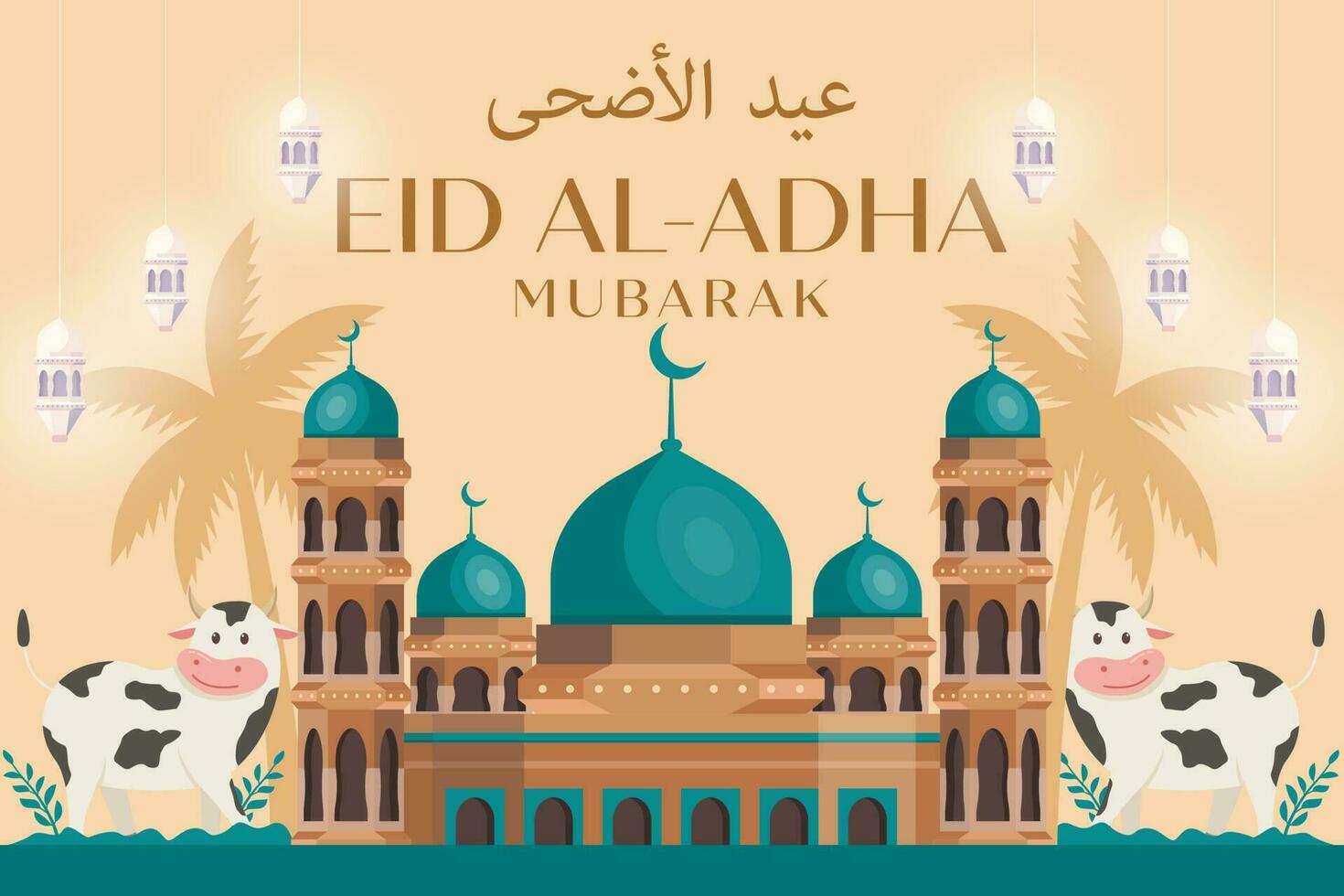 eid al adha background illustration with mosque, leaves, lanterns, and cute cows vector