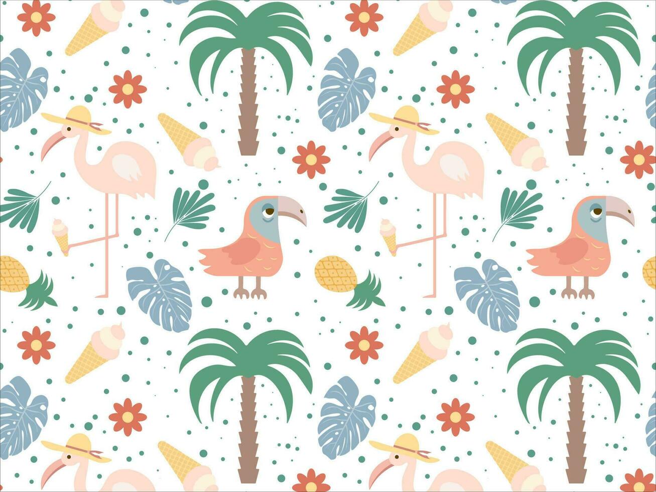 Seamless pattern with the image of a flamingo and a parrot. Cute pattern with cartoon characters and objects on a white background. Vector illustration.