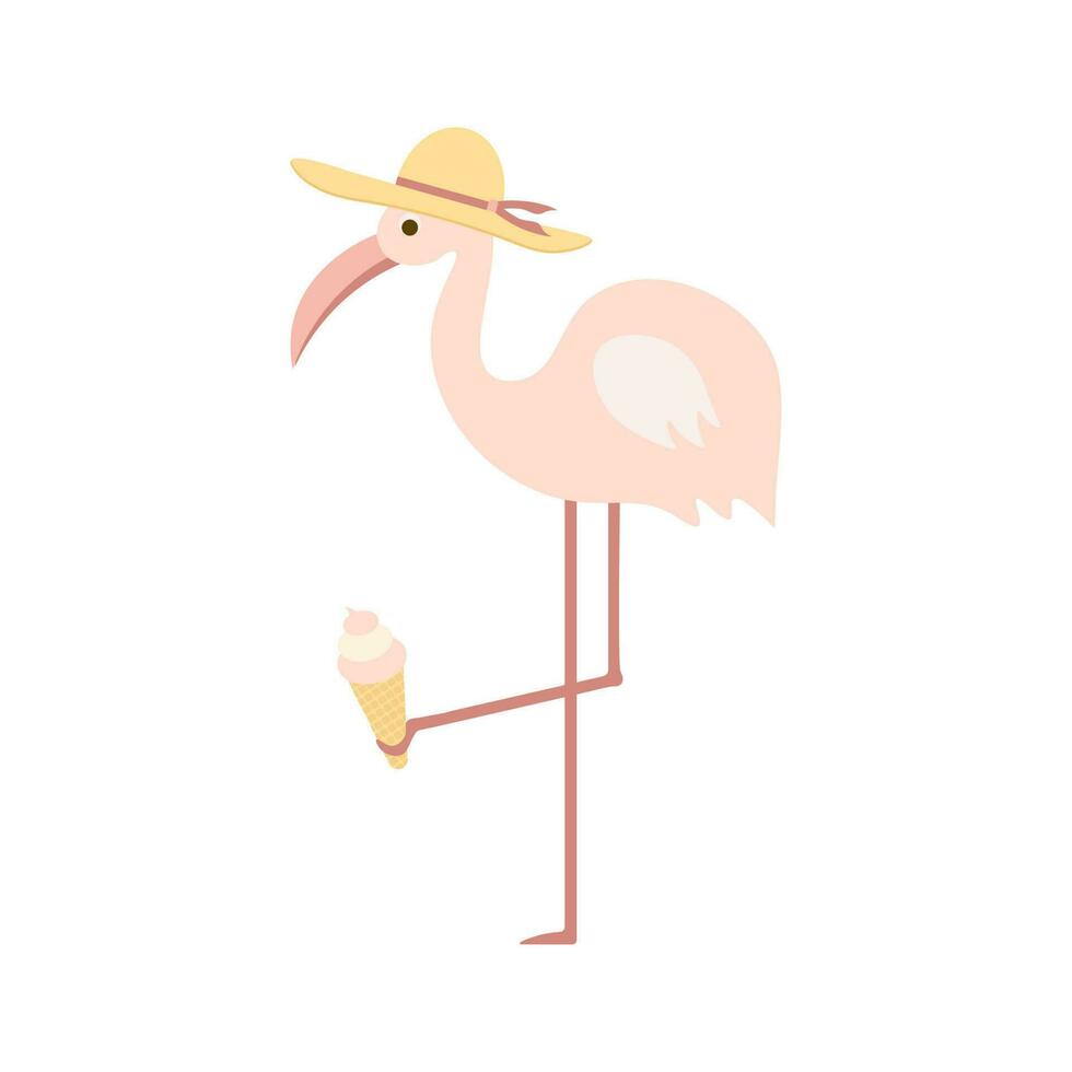 Pink flamingo in a hat and with ice cream in his paw. Cartoon character. Vector illustration in a flat style