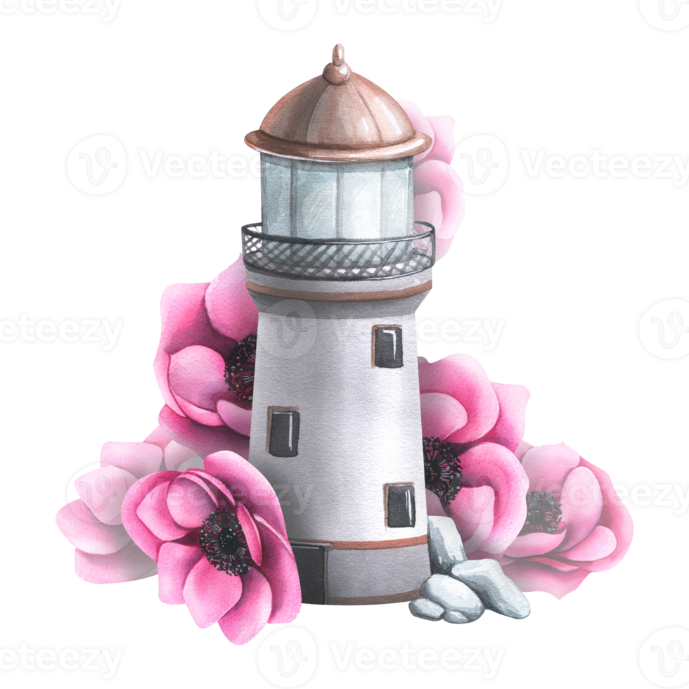 Sea lighthouse with pink anemone flowers. Watercolor illustration, hand drawn. Isolated composition. For stickers, prints, posters, postcards. png