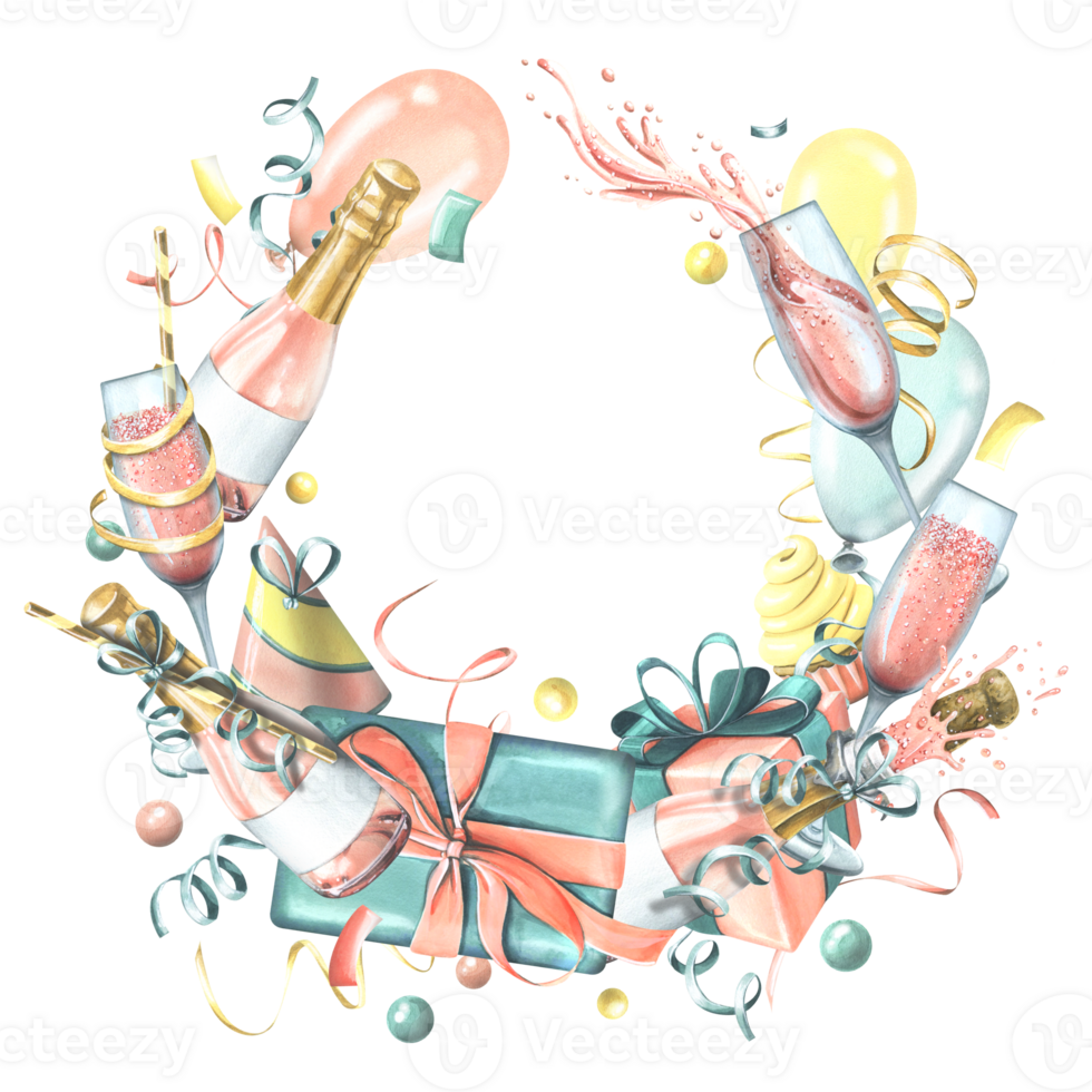 de feestelijk kader is ronde, met roze Champagne in flessen en bril, met een taart, vlaggen, confetti en geschenken. waterverf illustratie, hand- getrokken. geïsoleerd voorwerpen voor verjaardag. png